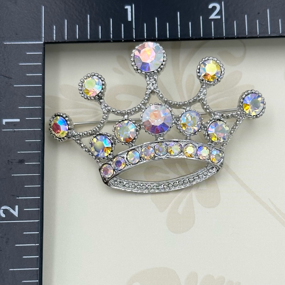 AB Iridescent Bling Rhinestone Crown Pendant Pin Brooch - Picture 4 of 4